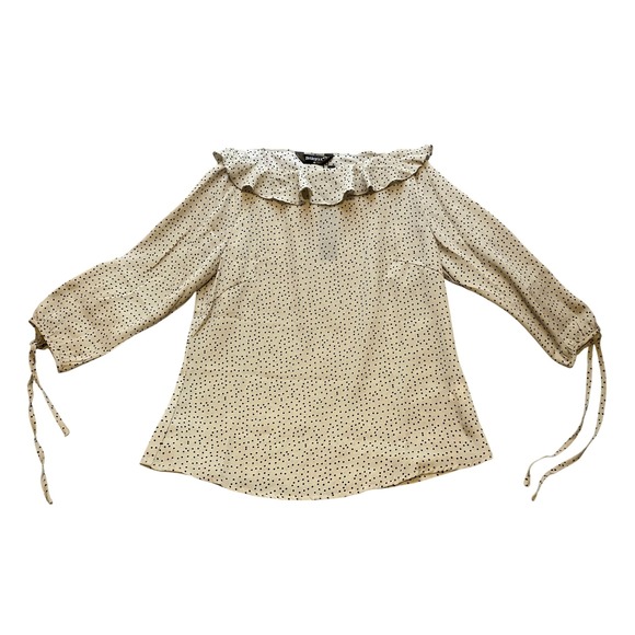 Allegra K‎ Blouse Womens Extra Small Taupe Polka Dot Ruffle Neck Bow Sleeves NWT - Picture 1 of 7